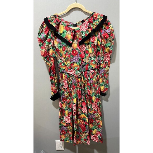 Vtg Picture Me Womens Multicolor Fruit Floral Lace Collar Dress M/L Long Sleeve - Picture 4 of 15